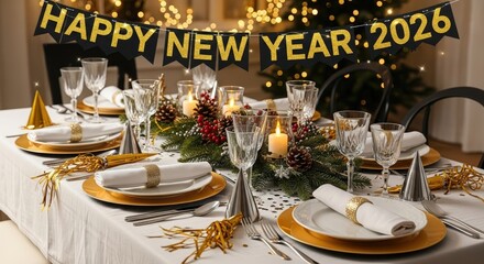 New Year's Eve 2026 Celebration: An inviting and elegantly adorned dining table prepared for a joyous New Year's Eve celebration in 2026, complete with festive decorations and a warm.