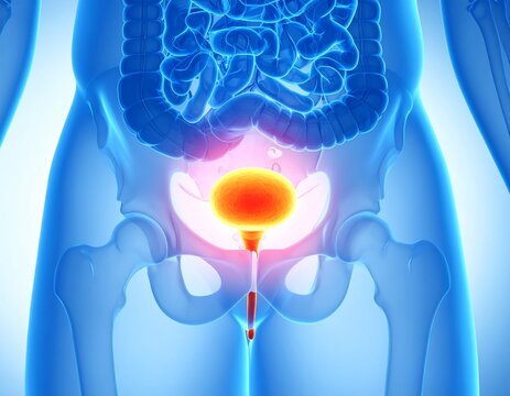 Medical illustration highlighting the human urinary system, showcasing the bladder and surrounding anatomy.