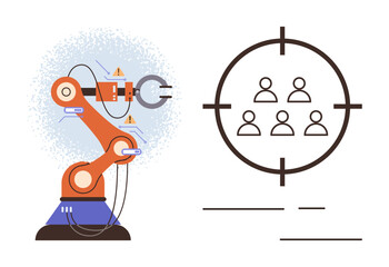 Industrial robot arm with control components next to target crosshairs focusing on human icons. Ideal for automation, targeting demographics, precision, technology, AI, marketing, engineering. Simple