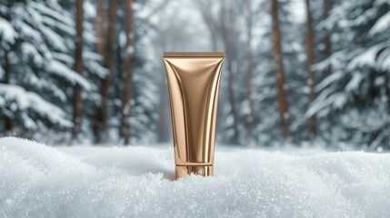 Winter skincare product display snowy forest photography natural environment close-up beauty concept
