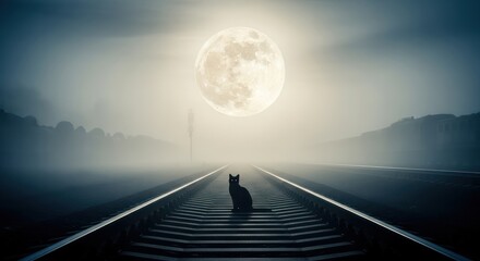 Eerie nocturnal scene showcasing a black cat on foggy railway tracks under a full moon