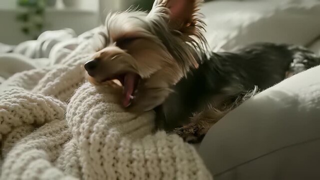 A peaceful canine companion snoozes serenely on a plush blanket covered bed, exuding tranquility and warmth while evoking comforting connotations of relaxation and cozy intimacy.