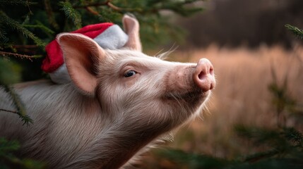 Beneath the softly lit winter sky, a playful pig showcases its festive attire, donning a cheerful Santa hat adorned with holly leaves. The scene captures a whimsical holiday moment