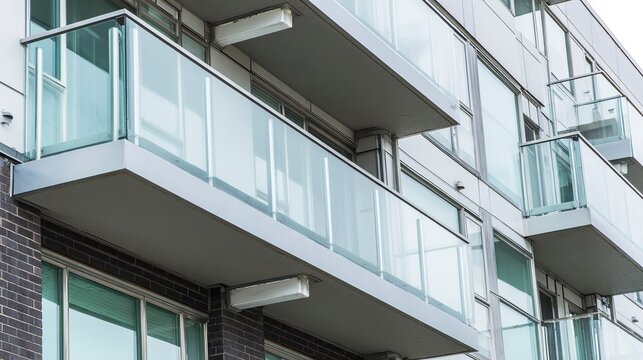 Closeup view of modern apartment balconies with glass railings