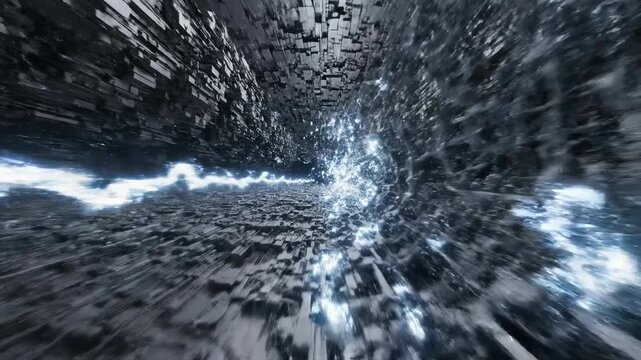 Rapid high frequency sound wave visualization moving through a complex dimensional grey field structure showing intense vibration and energy pulses loopable, technical, digital