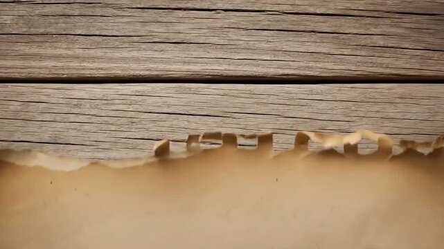 This atmospheric video features a dynamic transition from a rustic wooden surface to an expansive, aged paper background. The sequence begins with a close-up of the rough, natural wood grain, subtly r