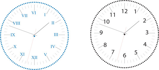Clock faces template set with Roman and Arabic numerals design elements on white