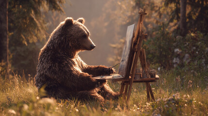 Whimsical brown bear painting outdoors, crafting art in nature's studio, sunlight filtering through trees, creating captivating fine art for creative projects