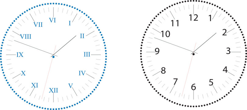 Clock faces template set with Roman and Arabic numerals design elements on white