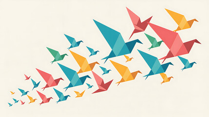 Colorful geometric origami birds flying in formation against a light background