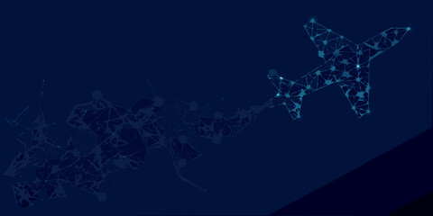 Abstract airplane silhouette with network connection on dark blue background