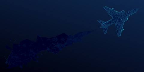 Abstract low poly airplane with trail on dark blue background