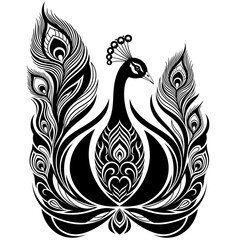 Obraz premium Elegant Ornamental Peacock Vector – Decorative Black and White Stylized Bird Illustration for Patterns and Tattoo Designs