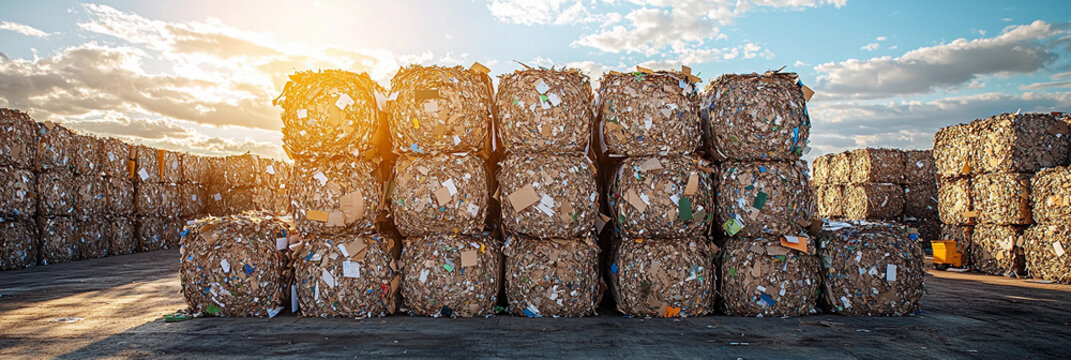 Bales of recycled paper stacked during the day Generative AI