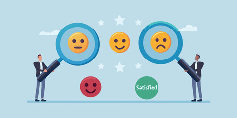 Customer satisfaction survey with magnifying glass and smiley faces