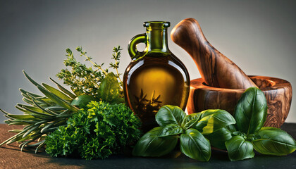 Fresh herbs and olive oil evoke Italian culinary traditions, perfect for cooking blogs, restaurant menus, and healthy eating promotions