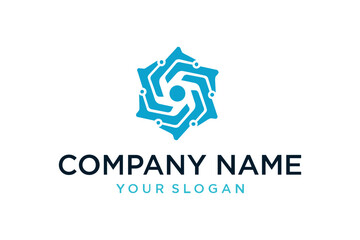 Abstract Technology Network Logo Design. Modern Geometric Hexagon with Interconnected Lines and Dots, Circuit Board and Data Connection Symbol.