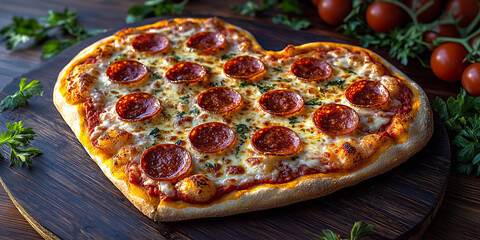 Heart shaped pepperoni pizza served on wooden board Generative AI
