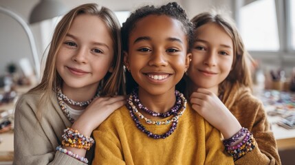 Three children proudly show off their handmade jewelry, colorful beads adorning their wrists and necks. They are immersed in a creative workshop filled with laughter and friendship