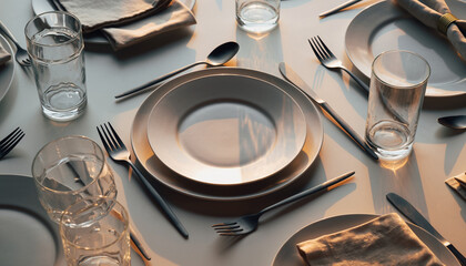 Elegant table setting with modern cutlery and glassware for sophisticated dining, perfect for restaurant promotions and lifestyle content, warm inviting light