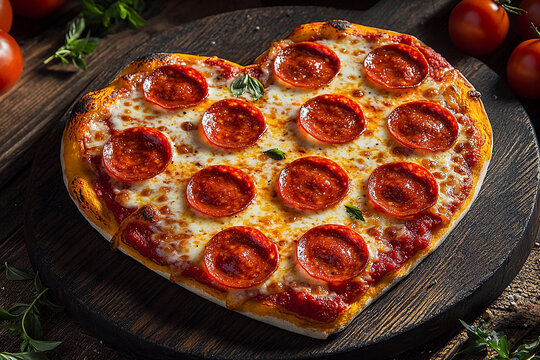 Heart shaped pepperoni pizza on wooden surface with tomatoes Generative AI - Powered by Adobe