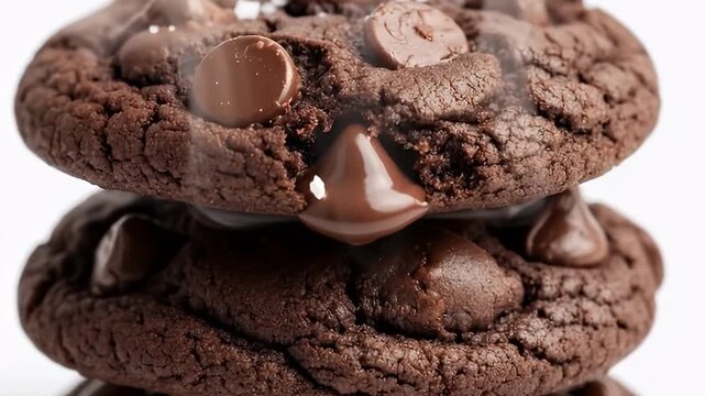 This delectable close-up captures a tempting stack of rich double chocolate cookies, generously studded with melted chocolate chips. Gooey, warm chocolate oozes enticingly between the soft, crinkled l