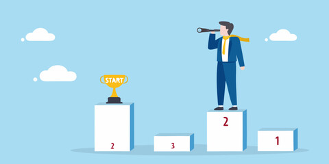 Businessman on podium looking through telescope towards golden trophy