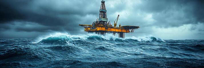 Obraz premium Oil rig platform stands in rough sea during stormy weather Generative AI