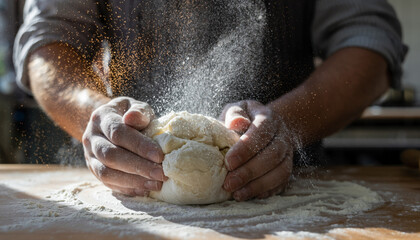 Baking bread is a labor of love showing hands covered in flour kneading dough on a wooden counter bringing the joy of homemade goods to your kitchen