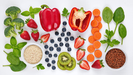 Healthy eating ingredients, fresh vegetables, fruits, and superfoods for nutrition and diet concept