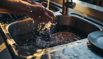 Invigorating hand wash in a sunlit kitchen, promoting health and hygiene, a moment of refreshing cleanliness, pure water cascading in stainless steel sink