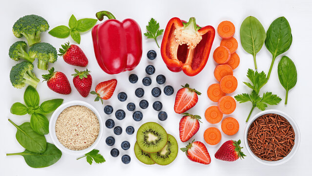 Healthy eating ingredients, fresh vegetables, fruits, and superfoods for nutrition and diet concept