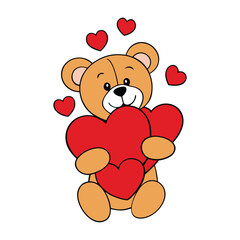 Adorable cartoon teddy bear hugging a big bunch of bright hearts, smiling sweetly with rosy cheeks. Soft, cuddly, and full of love, this charming bear spreads warm, happy vibes.