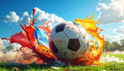 Soccer ball splashing into water with vibrant blue and orange-red background in dynamic artistic composition