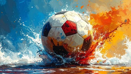 Soccer ball splashing into water with vibrant blue and orange-red background in dynamic artistic composition