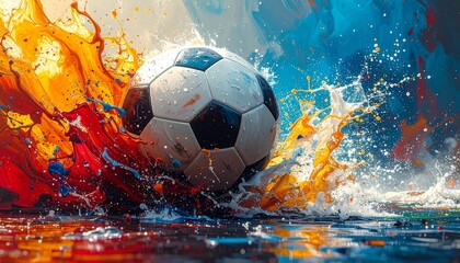 Soccer ball splashing into water with vibrant blue and orange-red background in dynamic artistic composition
