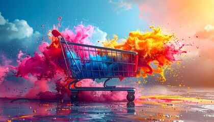 Empty shopping cart on reflective surface with vibrant paint splashes in pink, yellow, orange, and blue