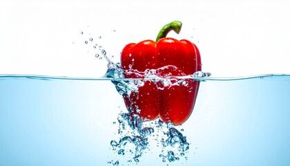 Red bell pepper splashing into water with bubbles and ripples on gradient white-blue background