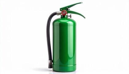 Green fire extinguisher with red handle and black hose standing upright against white background in stylized setup