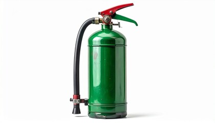 Green fire extinguisher with red handle and black hose standing upright against white background in stylized setup