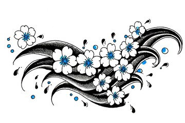 Elegant Floral Wave Design with Black and White Elements and Blue Accents for Artistic Projects and Creative Designs