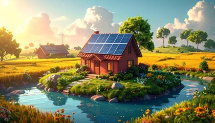 Small house with solar panels on grassy island surrounded by calm water, lush hills, and bright sky