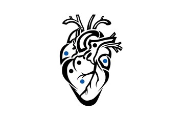 Intricate Artistic Heart Design in Black and Blue Illustrating Medical and Anatomical Themes