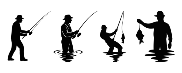 Silhouette set fisherman in water with fishing rod and catch isolated