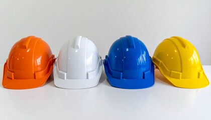 Row of construction safety helmets in orange, white, blue, and yellow on white surface near window with natural light