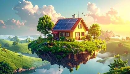 Small house with solar panels on grassy island surrounded by calm water, lush hills, and bright sky