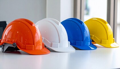 Row of construction safety helmets in orange, white, blue, and yellow on white surface near window with natural light