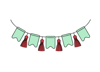 Festive Mint Green and Red Bunting Flags with Tassels Displayed in an Arch Shape Isolated on a Black Background Celebrating a Holiday Event