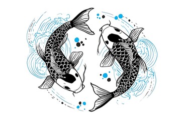 Elegant koi fish design swimming amidst blue waves and bubbles, showcasing intricate patterns and serene beauty