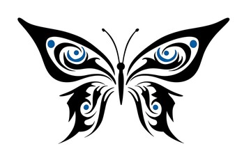 Elegant Black and Blue Butterfly Illustration with Intricate Swirls and Patterns for Creative Design Projects